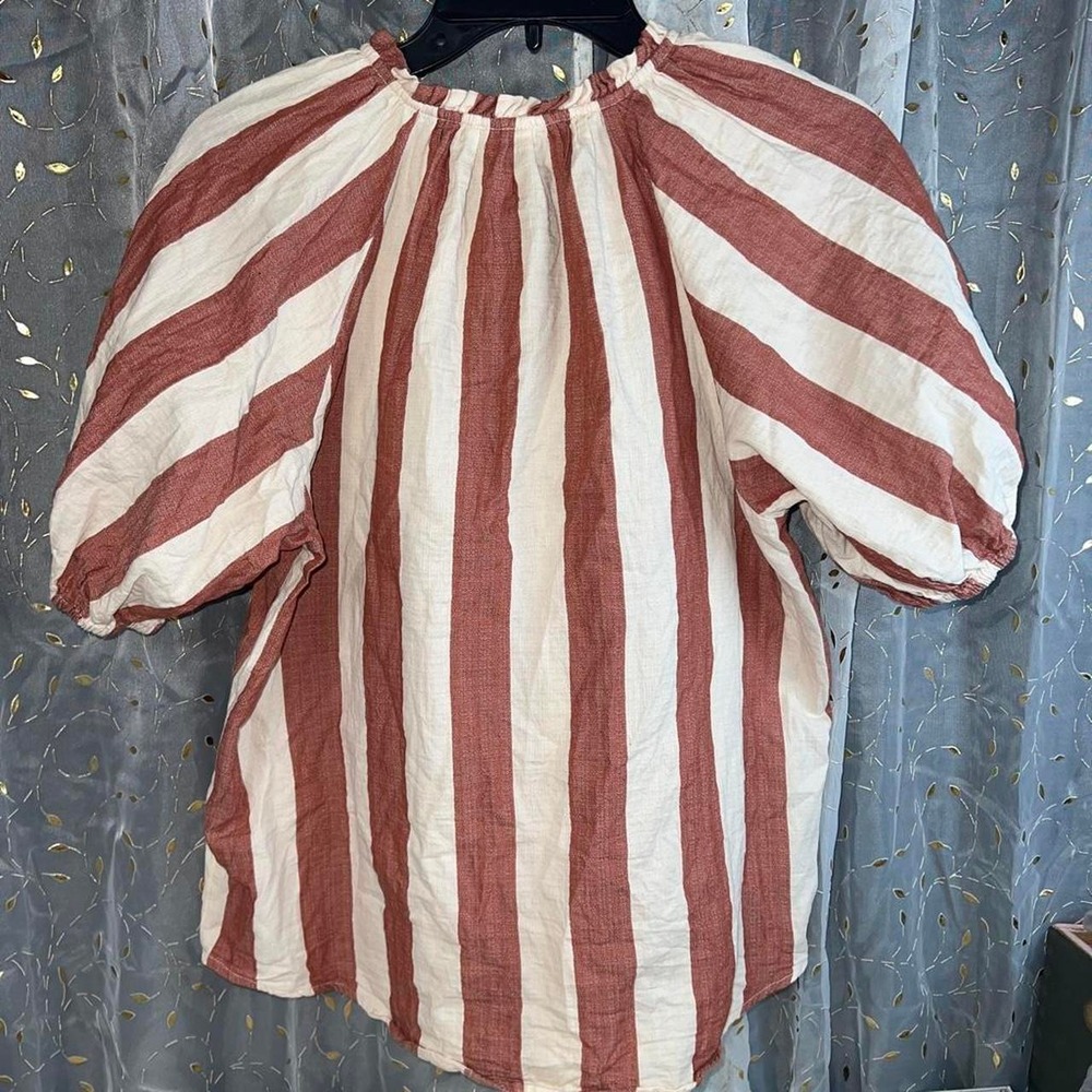 Knox Rose Womens White Red Vertical Striped Puff Sleeve Tie Neck Blouse Size S - Picture 3 of 3